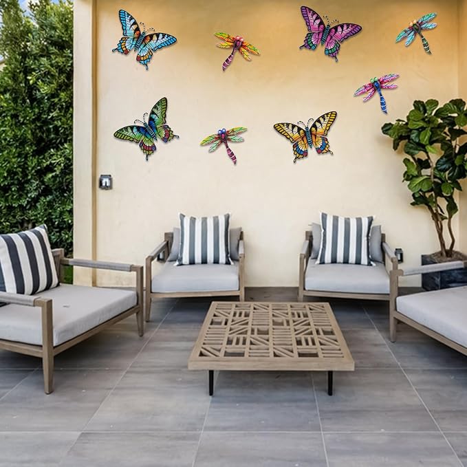 DEWEL 8 Pcs Metal Garden Decor for Outside, Butterfly Dragonfly Wall Decor Outdoor Wall Art, Colorful Hanging Decorations Wall Decor for Garden Fence Patio Yard, Great Gift Choice