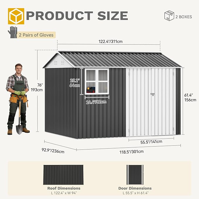 DWVO 10' x 8' Outdoor Storage Shed, Waterproof Metal Garden Shed with Windows, Lockable Doors, and Sloped Roof for Patio, Backyard, Lawn, Tool Storage, Bike Shed, Pet Shelter (Gray + White)