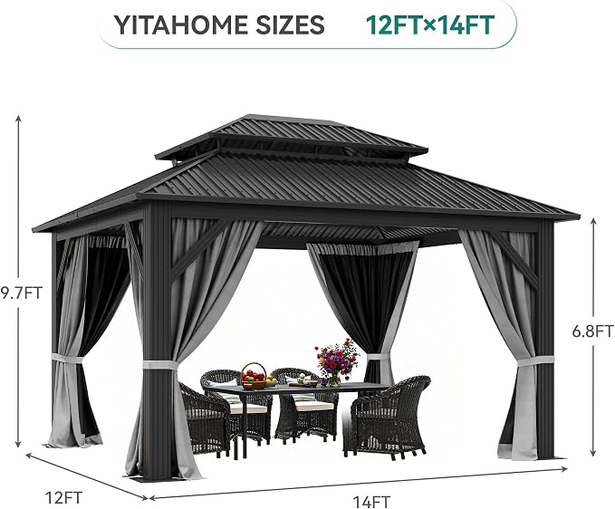 YITAHOME 12x14ft Hardtop Gazebo with Nettings and Curtains Heavy Duty | Double Roof Galvanized Steel Outdoor Combined of Vertical Stripes Roof for Patio, Backyard, Deck, Lawns, Gray