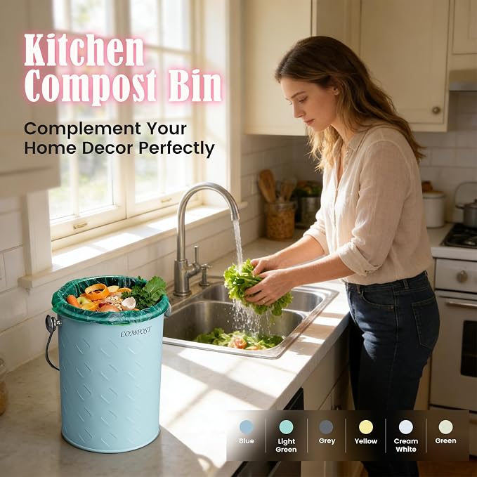 AOSION Countertop Compost Bin Kitchen,Odorless Indoor Compost Bin with Lid | 1 Gallon Composter Container,Removable Inner Bucket,50 Compost Bags,2 Carbon Filters,ideal for food scraps,coffee grounds