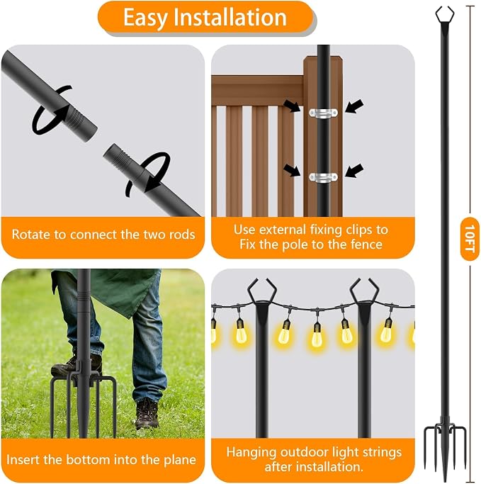 6 Pack10 FT String Light Poles,Metal with Fork Lights Poles for Outdoor String Light, Rustproof Heavy Duty for Outside Garden,Patio,Wedding,Backyard,Deck,Party