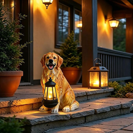 Afirst Solar Dog Statue Garden Decor, Outdoor Statue Decor with Solar Lantern Valentine's Day Gift Lovely Golden Retriever Figurine Patio Lawn Yard Art Ornaments Housewarming Gift