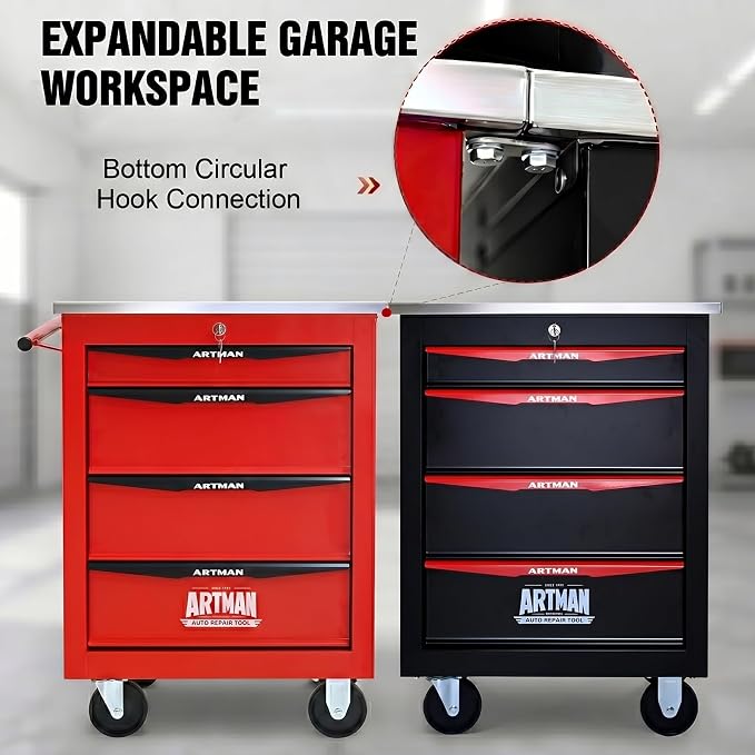 4-Drawer Rolling Tool Chest, Lockable Stainless Worktop for Garage, Red | Heavy Duty Metal Tool Cabinet with Drawers on Wheels for Warehouse and Workshop Storage