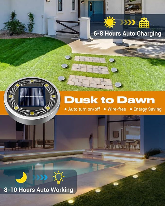 btfarm 16 Pack Solar Lights Outdoor, 8 LED Solar Ground Lights IP65 Waterproof Flat Solar Disc Light, Pathway Lights for Garden Lawn Patio Yard Path Landscape, Warm White