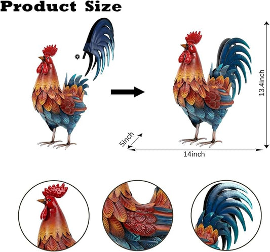 Kircust Metal Rooster Statue 13.4" Weatherproof Garden Decor | Outdoor Garden, Lifelike, Weatherproof Rustproof, Farmhouse Chicken Sculpture, Patio Yard Decor