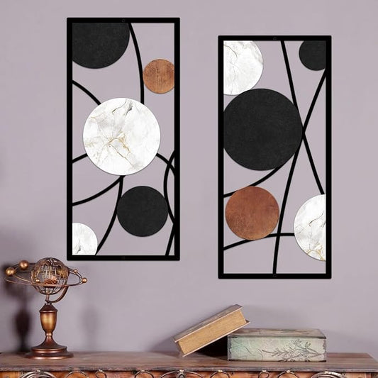 ruelen 2 Pieces Metal Wall Art,Abstract Geometric Circle Decor with Marble Texture, Modern Minimalist Black White Brown Wall Sculpture for Living Room,Bedroom,Office