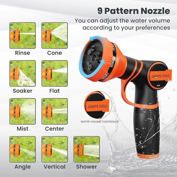 Giraffe Tools Retractable Hose Reel 1/2" x 65 ft Garden Hose Reel Heavy Duty, Any Length Lock with Swivel Bracket, 9-Function Sprayer Nozzle