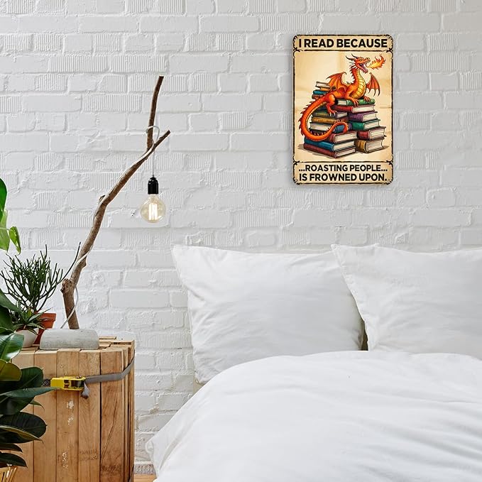 mmiishe Retro Dragon Wall Art Vintage Metal Sign Dragon Gifts for Women Men Book Lovers Funny Wall Decor For Bedroom Cafe Library 8x12 Inches Birthday Anniversary Decoration Retro