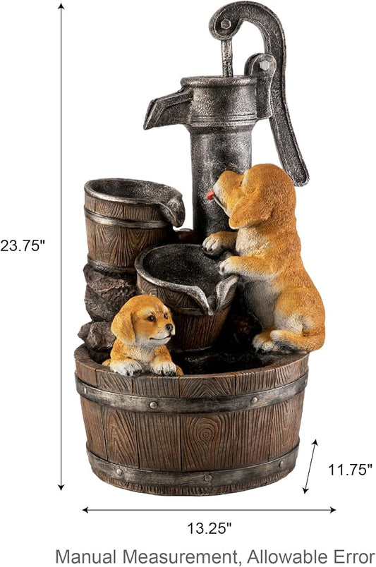 Glitzhome Water Fountain Outdoor, Outdoor Fountain with Lights & Pump, 23.75" H Cute Dog Playing Around The Water Polyresin Cascading Waterfall Floor Standing Water Feature for Garden, Patio