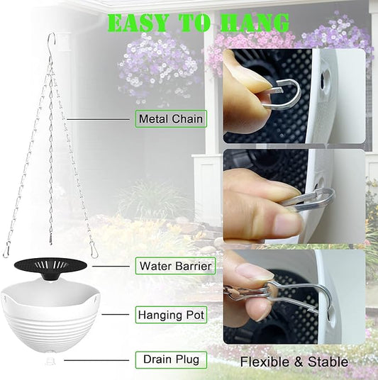 Hanging Planters, Set of 9 White Hanging Pots, 8" Hanging Flower Pots, Plant Pots with Drainage Plugs, Water Barrier and Chains, Come with Free Mini Garden Tools Set