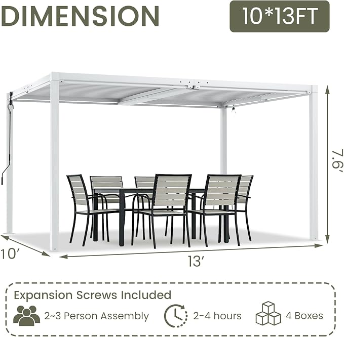 Louvered Pergola 10' x 13', Outdoor Aluminum Pergola with Reinforced Steel Roof, Heavy-Duty Hardtop Gazebo for Patio Deck, Weatherproof Sun Shade Shelter, White