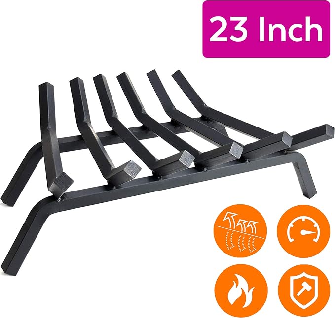 Fireplace Log Grate 23 inch 6 Bar Fire Grates Heavy Duty 3/4” Wide Solid Steel Indoor Chimney Hearth Outdoor Fire Place Kindling Tool Pit Wrought Iron Wood Stove Firewood Burning Rack Holder