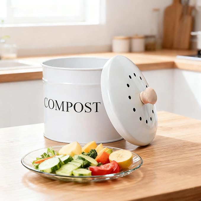 Compost Bin - 1 Gallon Countertop Composter with Lid, Charcoal Filters, Rust Proof Indoor Food Waste Bin