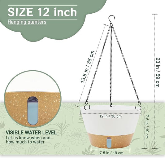 ZMTECH 3 Pack 12 Inch Hanging Planters for Indoor Plants, Large White Self Watering Hanging Planter with Visible Water Level Window & Heavy Duty Chain, Flower Pots for Outdoor Patio