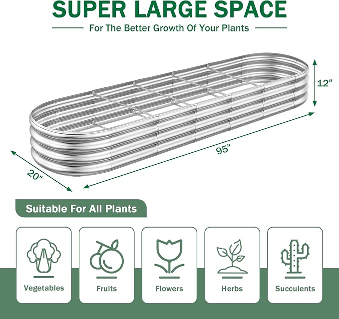 RAYKEEP 2pcs 8x2x1FT Raised Garden Beds Outdoor Kit, Galvanized Oval Planter Box, Metal Bottomless Elevated Garden Boxes Set for Planting Vegetables, Fruits, Flowers, Silver