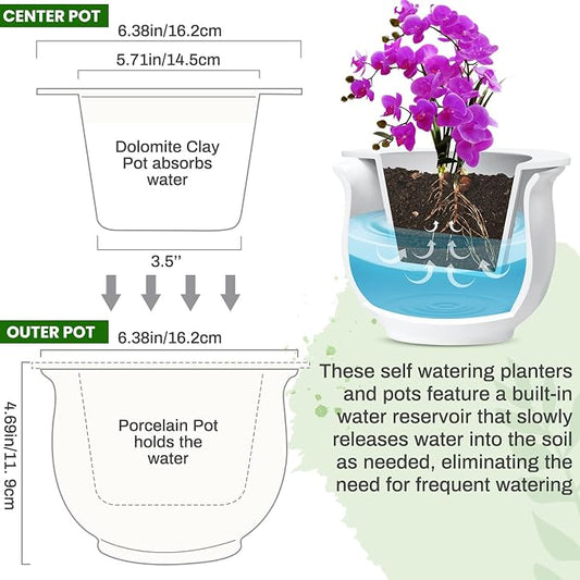 Suclain 2 Pack Ceramic Self Watering Plant Pot African Violet Pots Self Watering Indoor Flower Pot Efficiently Store Water for at Least One Week Modern Decor Gift(White,6.5 Inch)