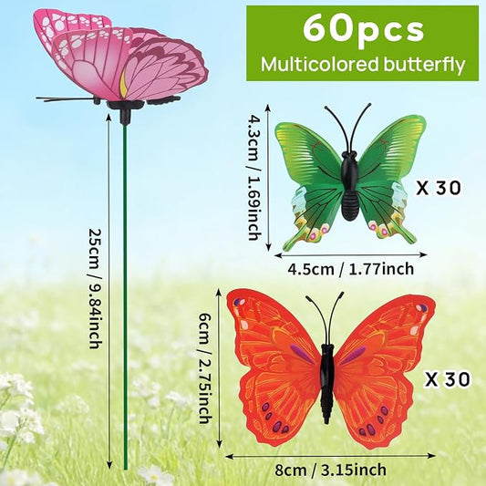 60Pcs Butterfly Garden Decorations, Assored 2 Size PVC Butterfly Decorative Garden Stakes, 11.8 inch Butterflies Garden Stakes for Patio Yard Decor(Random Color, Requires Assembly)