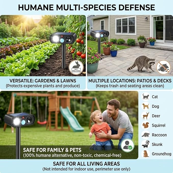 2026 Sonic Fortress Pro Deer Repellent Devices for Plants,4Pack Feral Cat Repellent Outdoor Solar Ultrasonic Animal Repellent with Motion Sensor&Flash Light,Raccoon Fortress Pro for Vegetable Garden