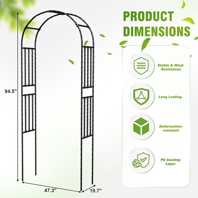 Garden Arbor - 7.9x3.9ft PE+Metal Garden Arch Trellis for Climbing Plants, Wide Sturdy Garden Arch, Ideal for Vines, Weddings, Halloween, Christmas & Outdoor Decor (Black)