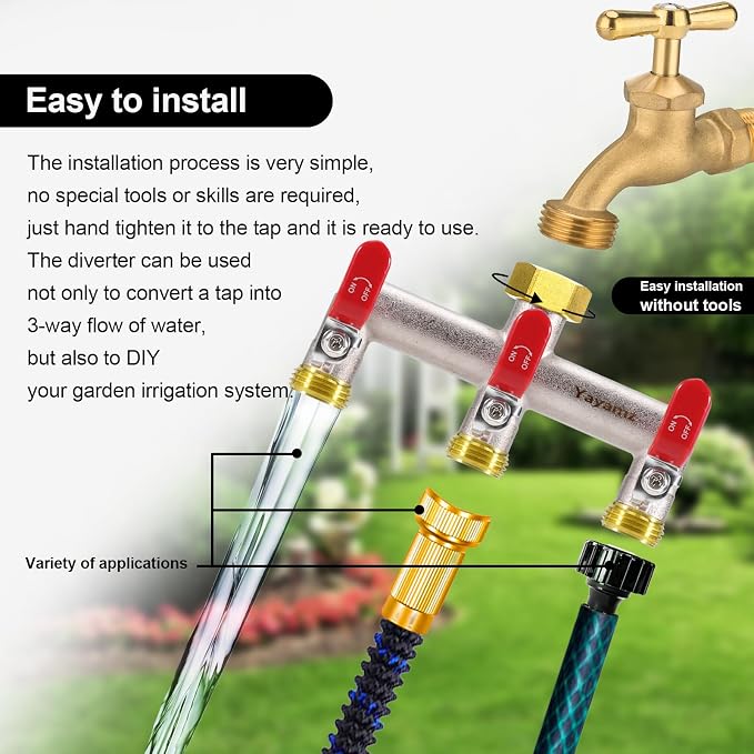 3 Way Garden Hose Splitter, Heavy Duty Brass Nickel Plated Rust Resistant Faucet Manifold, 3/4" Frost Resistant Outdoor Hose Adapter Connector,Hose Spigot Adapter with 3 large red handles
