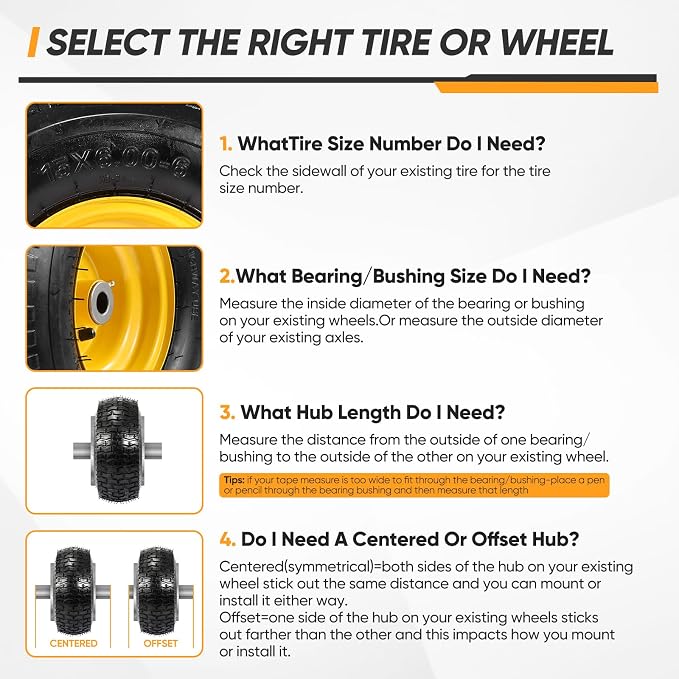 2PCS 15x6.00-6 Tire and Wheel Assembly, 4 Ply Tubeless 15x6-6 Front Tire Assembly Replacement for Craftsman John Deere Husqvarna Riding Mowers, 500lbs Capacity, 3" Centered Hub, 3/4" Bushing