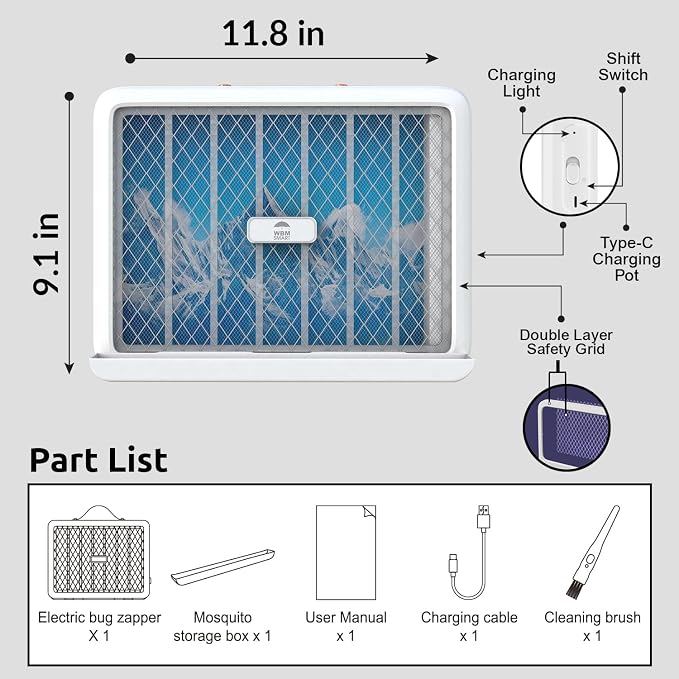 WBM Smart Electric Bug Zapper, LED UV Light Trap Mosquito, Portable & Wall-Mountable High-Voltage Electric Mosquito Bug Zapper Indoor & Outdoor with Safety Mesh
