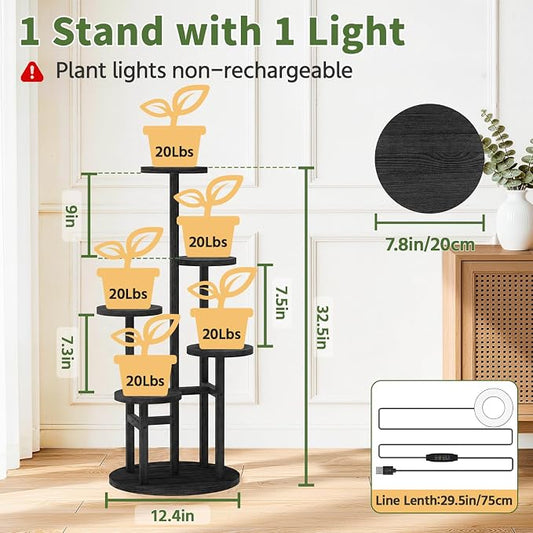 LASZOLA 5 Tiered Wood Plant Stand Indoor Corner with Grow Light, Flower Holder Rack Tall for Multiple Plants, Rustic Planter Shelf Display for Patio Garden Balcony Living Room, Black