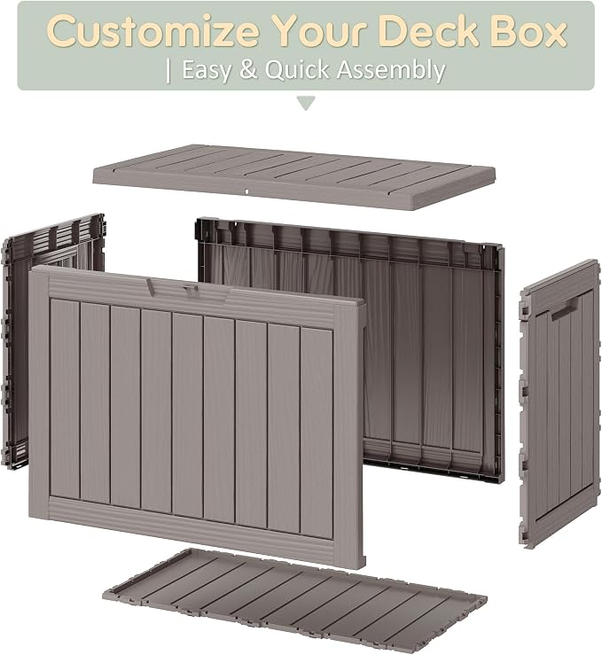 NUNU LAB Outdoor Storage Box, 45 Gallon Outside Deck Box Waterproof, Resin Outdoor Storage Cabinet With Lockable Lid, Backyard Storage Bench For Garden Tools, Patio Cushions, Pool Tools, Gray