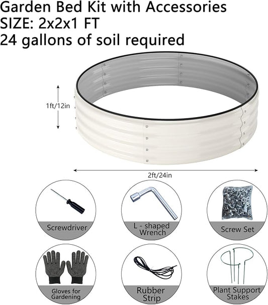 ZFHgarden Galvanized Metal Planter Round Raised Garden Bed Kit for Gardening Outdoor,2x2x1ft Grow Garden Box Raised Flower Bed,Round Galvanized Planter Outdoor Metal Fire Pit Ring White