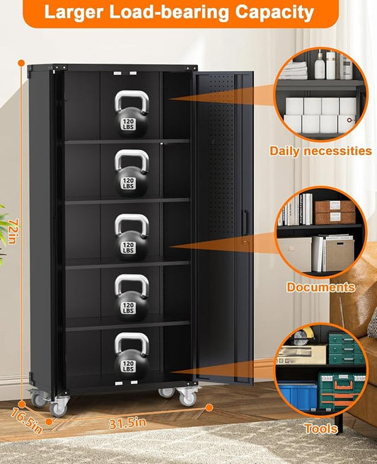 Garvee 72 in Tall Garage Storage Cabinet โ 600 LB Capacity Metal Tool Cabinet with Magnetic Lock, 4 Adjustable Shelves & Wheels, Heavy-Duty Steel Storage for Workshop, Home & Office