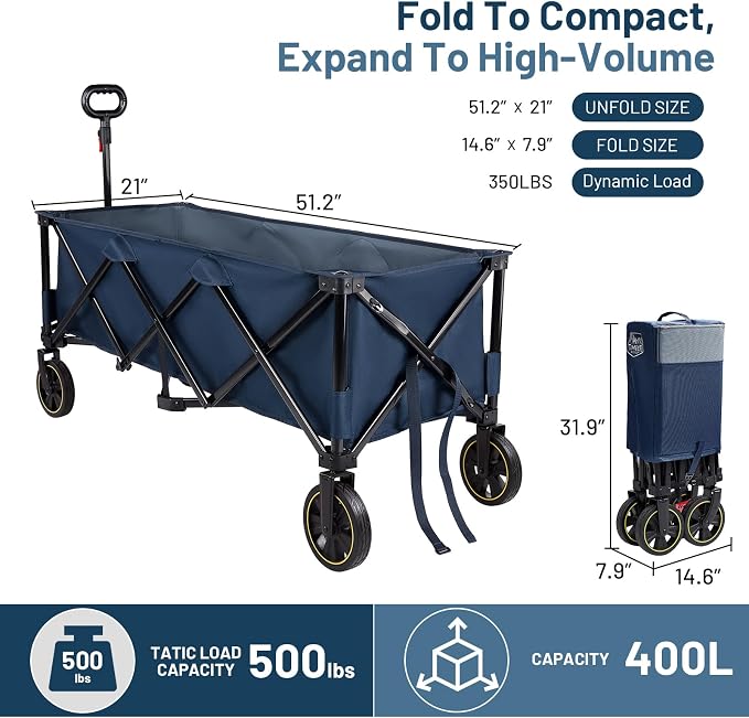 Timber Ridge 51.2'' Extended Collapsible Wagons Carts Foldable, 500LBS Heavy Duty Sports Wagon with Adjustable Handle, 400L Capacity Portable Cart for Camping Shopping