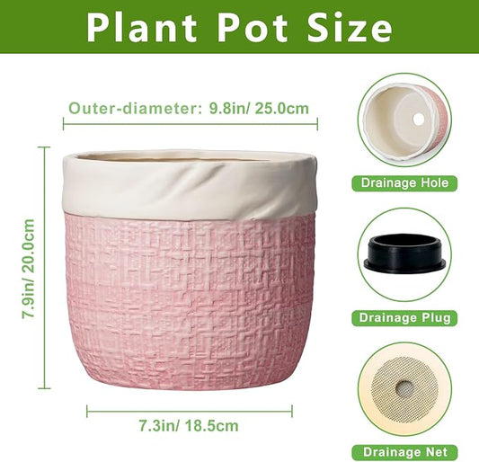 9.8 Inch Plant Pot - Ceramic Planter with Drainage Hole and Plug, Round Boho Planters for Indoor Plants Outdoor, Ceramic Flower Pots, Balcony Office Decor, Gifts for Plant Lovers, Pink