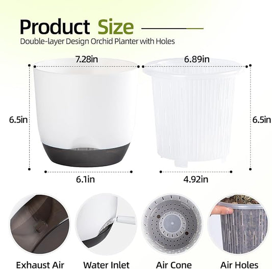 7.2Inch White Orchid Pots with Holes for Repotting, Double-Layer Plastic Self Watering Flower Pots for Indoor Plants with Drainage Holes, Clear Orchid Pot Match Decorative Orchid Container, 3 Packs