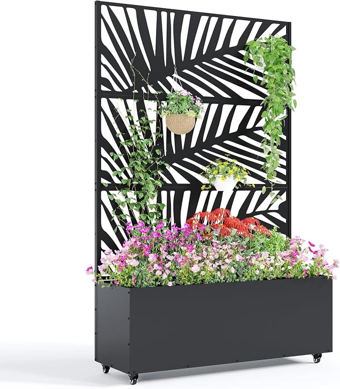 GarveeLife Metal Planter Box with Trellis and Wheels, 71"x47"x16" Raised Garden Bed for Climbing Plants, Vegetables, Vines, Privacy Planters for Patio with Drainage Holes, 15.7" Deep Planting Bed