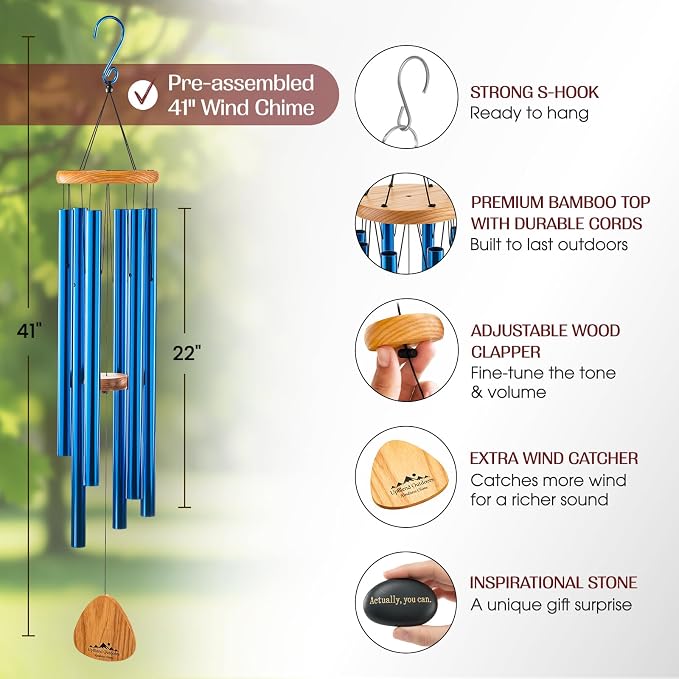 Blue Wind Chimes for Outside Deep Tone, 41 Inch Hand Tuned B Major Pentatonic Alto Wind Chime with Decorative Kindness Stone, Outdoor Garden Patio Porch Decor, Meaningful Sympathy Memorial Gift