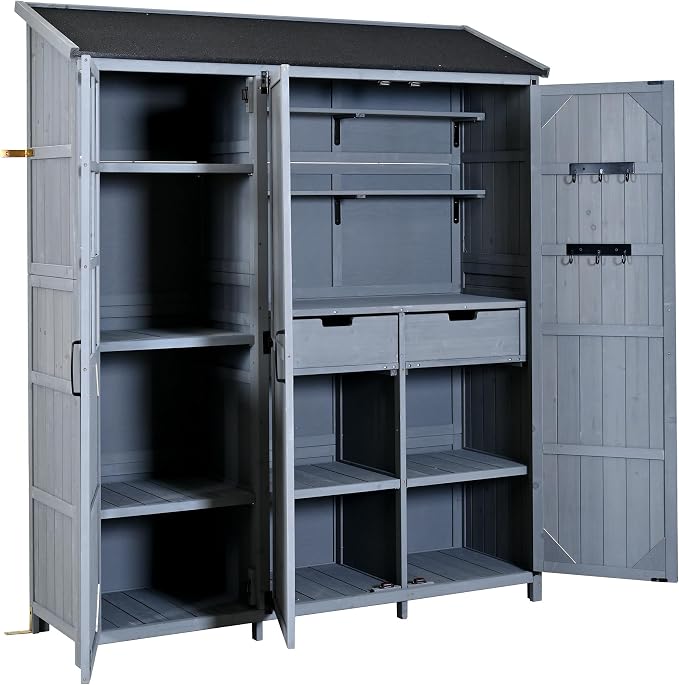Merax Outdoor Wood Large Garden Storage Shed with Waterproof Roof, Patio 3 Doors Storage Cabinet with Workstation, 7 Storage Shelves, 2 Drawers and 6 Hooks for Backyard, Gray