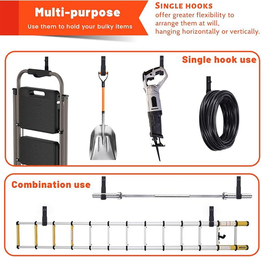 4 Pack Garage Storage Hooks, Ladder Hangers, Steel Wall Mount Hooks, Utility Hooks for Hanging Heavy Duty Shed Tools, Ropes, Garden Hoses, Shovel, Bulk Items, etc.(88lbs, 4Inch)