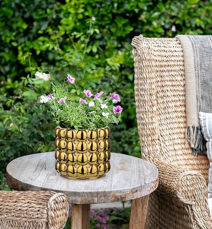 DILATATA 5 Inch Ceramic Planter Pot for Indoor Plants with Drainage Hole Bubble Flower Planter Hobnail Plant Pot Garden Planter Gold Succulent Plant Pot Utensil Holder