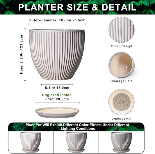 10 Inch Pots for Plants Indoor, Ceramic Planters with Drainage Hole and Saucer, Round Large Plant Pots for House Plants, Decorative Flower Planter, Porch Decor, Plant Lover Gifts, Grey
