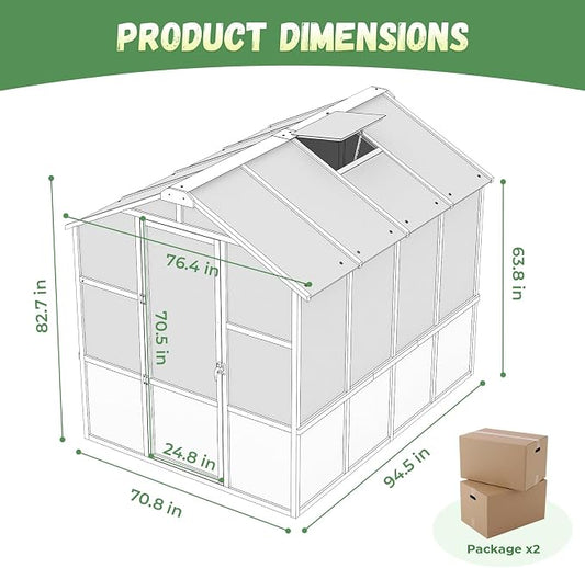 Jocoevol 6x8ft Outdoor Greenhouse, Wooden Frame Polycarbonate Greenhouse with Adjustable Roof Vents and Lockable Door Handle, Walk-in Greenhouse Perfect for Backyard and Garden