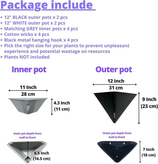LaLaGreen Wall Planters for Indoor Plants (12in, 4 Pack) Self Watering Pots | Large Black and White Mixed Color Geometric Indoor Vertical Garden Wall Hanging Flower Vase Vessel with Metal Hanger Stylish