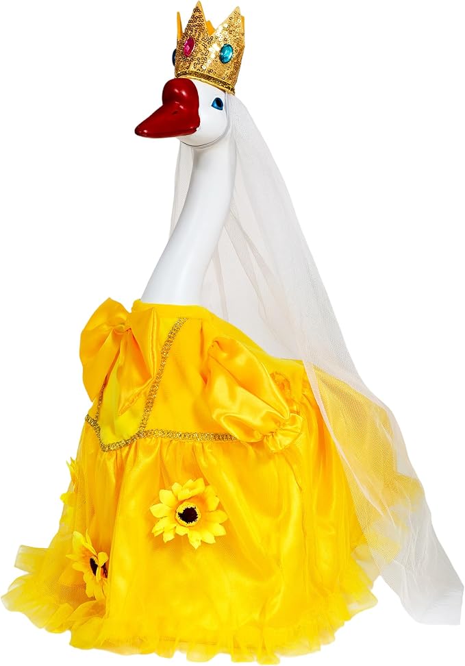 Porch Goose Statue with Princess Outfits - Cute Resin Goose Figurine with Yellow Princess Dress and Crown, Waterproof Weather Resistant Garden Decor for Patio Lawn Room, Gift for Women Goose Lovers