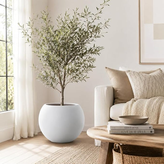 17" H x 21" Dia White Fiberstone Planter Pot with Drainage Hole, Extra Large Decorative Flower Pot for Indoor Outdoor Trees, Plants & Shrubs, Round Planter for Patio, Porch, Garden & Home Décor