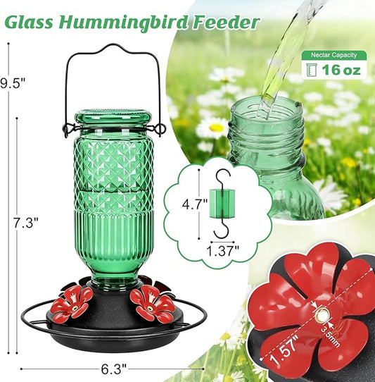 FEED GARDEN Glass Hummingbird Feeder 2 Pack, 16oz Leak-Proof with Ant Moat & Bee Guards, Easy Clean Wide Mouth, Metal Perches, Green Outdoor Hanging