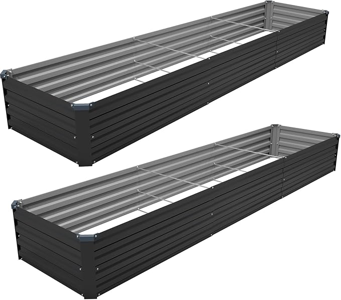 2PCS 12x2x1ft Galvanized Raised Garden Bed Kit,Gardening Planter Box | Outdoor Elevated Metal Planter Box For Vegetables, Flowers, Herbs, Anti-Rust Galvanized Steel, Open Drainage, Sturdy (Black)