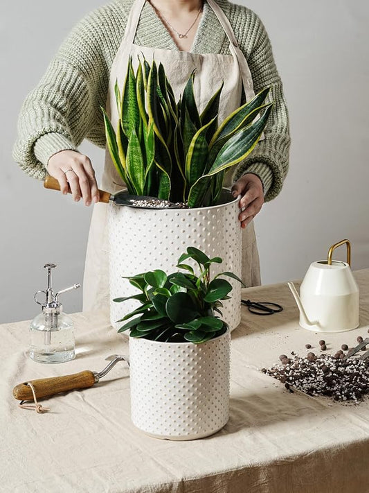 LE TAUCI 10+8+6 Inch Ceramic Pots for Plants, Indoor Planters with Drainage Hole and Plug, Raised Dots Cylinder Flower Pots Set of 3 for Living Room and Bedroom, Glossy, Arctic White