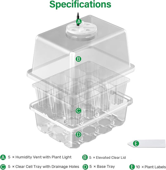 Bonviee 5 Packs Seed Starter Tray with Grow Light, Elevated Seedling Starter Trays Kits with Adjustable Humidity Domes and Clear Cell Tray, 12 Full Spectrum led lamp Beads for Plants Indoor-Clear