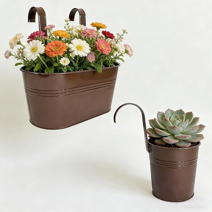 Pack of 4 Metal Hanging Planters for Outdoor Plants, 2 Pcs 4" Round Railing Planter & 2 Pcs 10" Oval Fence Flower Pots for Balcony Garden Decor, Chocolate