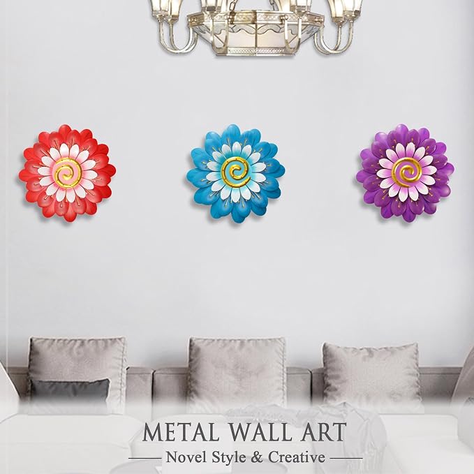 AHYS Metal Flowers Wall Decor Indoor Outdoor Metal Wall Art for Home Farmhouse Living Room Bedroom Bathroom Garden Decorations - Purple