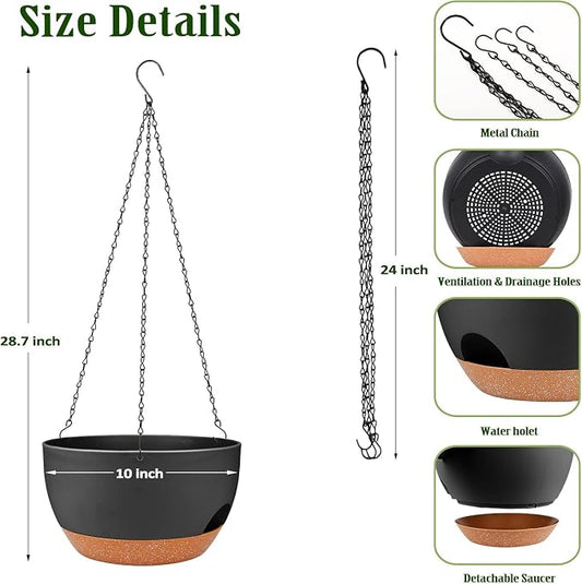 Hanging Planters for Outdoor Indoor Plants, 2 Pack 10 Inch Hanging Basket Plants Outdoor, Self Watering Hanging Planter with Plant Hanger for Garden Home Decoration (Black, 10 inch)